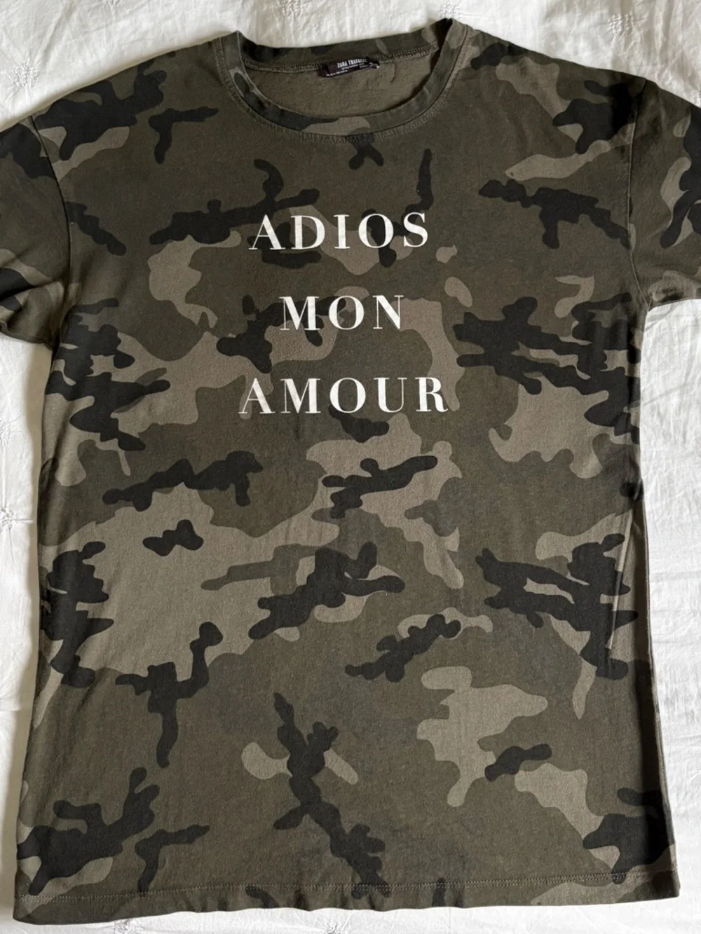 Zara Olive Green Camo 'Adios Mon Amour' Short Sleeve Tee - Picture 3 of 4